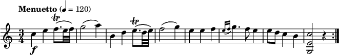 
\relative c' {
  \version "2.18.2"
  \key c \major
  \time 3/4
  \tempo "Menuetto" 4 = 120
  c'4\f e f8. \trill  (e32 f)  
  g2 (a4) b,4 d  e8. \trill  (d32 e) f2 (g4)
  e e f  \acciaccatura { e16 f }  g4. f8 e4 e8 d c4 b <g, e' c'>2 r4 \bar ":|."
}
