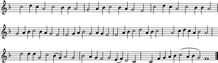 
{ \key f \major

\set Score.tempoHideNote = ##t
\tempo 2=72
\set Staff.midiInstrument = "english horn"
\override Score.TimeSignature #'transparent = ##t
\override Score.BarNumber  #'transparent = ##t
\time 6/2
c''2 d''4 c'' a'2 c'' bes'4 bes' a'2
g'2 a'4 bes' c''2 bes'4 a' g'2 f'

c''2 d''4 c'' a'2 c'' bes'4 bes' a'2
g'2 a'4 bes' c''2 bes'4 a' g'2 f'

f'2 g'4 a' bes'2 g' a'4 g' f'2
f'2 a'4 bes' c''2 d'' a'4 bes' c''2
\time 5/2
a'2 c''4 d'' c'' a' bes'2 a'
\time 7/2
d''2 d''4 d'' g'2 c'' bes'4( g') a'2 g'
bes'2 a'4 g' f'2 g' e'4 (f') d'2 c'
\time 8/2
c'2 f'4 g' a' bes' c''2(a'4 bes' g'2) f'1
\bar "|."}
