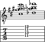  
<<
  %\override Score.BarLine.break-visibility = ##(#f #t #t)
  \time 2/1
    \new Staff  {
    \clef "treble_8"
        \once \override Staff.TimeSignature #'stencil = ##f
        <  cis' gis' ais' e''>1 | <  des' aes' bes' fes''>1 |
    }

     \new TabStaff {
       \override Stem #'transparent = ##t
       \override Beam #'transparent = ##t 
      s2 <  cis'\4 gis'\3 ais'\2 e''\1>1 s2
  }
>>
