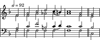 
<<
  \new Staff
  <<
    \tempo 2 = 92
    \key f \major
    \time 4/2 \omit Staff.TimeSignature
    \clef "treble"
    \new Voice \relative c'
    {
      \stemUp
      \partial 2 f2 | a2 c2 d2 c4( b4) | c1 a2 \bar "||" g2 |
    }
    \new Voice \relative c'
    {
      \stemDown
      \partial 2 f2 | f2 a2 aes2 aes2 | a1 f2 \bar "||" e2 |
    }
  >>
  \new Staff
  <<
    \key f \major
    \time 4/2 \omit Staff.TimeSignature
    \clef "bass"
    \new Voice \relative c'
    {
      \stemUp
      \partial 2 a2 | c2 f2 b,2 c4( d4) | c1 c2 \bar "||" bes2 |
    }
    \new Voice \relative c
    {
      \stemDown
      \partial 2 f2 | f2 f2 f2 f2 | f1 f2 \bar "||" c2 |
    }
  >>
>>
