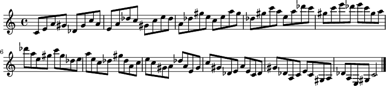 
{

\modalTranspose c c' { c des e gis a } { c8 e a gis } 
\modalTranspose c des' { c des e gis a } { c e a gis } 
\modalTranspose c e' { c des e gis a } { c e a gis } 
\modalTranspose c gis' { c des e gis a } { c e a gis } 
\modalTranspose c a' { c des e gis a } { c e a gis } 
\modalTranspose c c'' { c des e gis a } { c e a gis } 
\modalTranspose c des'' { c des e gis a } { c e a gis } 
\modalTranspose c e'' { c des e gis a } { c e a gis } 
\modalTranspose c gis'' { c des e gis a } { c e a gis } 

\modalInversion c e''' { c des e gis a } { c e a gis } 
\modalInversion c des''' { c des e gis a } { c e a gis } 
\modalInversion c c''' { c des e gis a } { c e a gis } 
\modalInversion c a'' { c des e gis a } { c e a gis } 
\modalInversion c gis'' { c des e gis a } { c e a gis } 
\modalInversion c e'' { c des e gis a } { c e a gis } 
\modalInversion c des'' { c des e gis a } { c e a gis } 
\modalInversion c c'' { c des e gis a } { c e a gis } 
\modalInversion c a' { c des e gis a } { c e a gis } 
\modalInversion c gis' { c des e gis a } { c e a gis } 
\modalInversion c e' { c des e gis a } { c e a gis } 
\modalInversion c des' { c des e gis a } { c e a gis } 

c'2

\bar "|."
}
