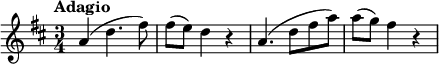 
\new Partitur { \new Staff = "clarinet" { \transpose ca \relative c' { \set Staff.midiInstrument = #"clarinet" \clef treble \key f \major \time 3/4 \tempo "Adagio" \set Partitur.tempoHideNote = ##t \tempo 4 = 60 c4( f4. a8) |  a8( g) f4 r |  c4.( f8 ac) |  c8( bes) a4 r |  } } }
