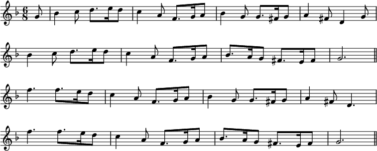 
\new Staff <<
\relative c'' {
\numericTimeSignature
\omit Score.BarNumber
\time 6/8 \key f \major
\partial 8 g8 | bes4 c8 d8.[ e16 d8] | c4 a8 f8.[ g16 a8] | bes4 g8 g8.[ fis16 g8] | a4 fis8 d4 g8 | \break
bes4 c8 d8.[ e16 d8] | c4 a8 f8.[ g16 a8] | bes8.[ a16 g8] fis8.[ e16 fis8] | g2. \bar "||" \break
f'4. f8.[ e16 d8] | c4 a8 f8.[ g16 a8] | bes4 g8 g8.[ fis16 g8] | a4 fis8 d4. | \break
f'4. f8.[ e16 d8] | c4 a8 f8.[ g16 a8] | bes8.[ a16 g8] fis8.[ e16 fis8] | g2. \bar "||" \break
}
\addlyrics {

}
>>

\midi {
 \tempo 4 = 50
}
