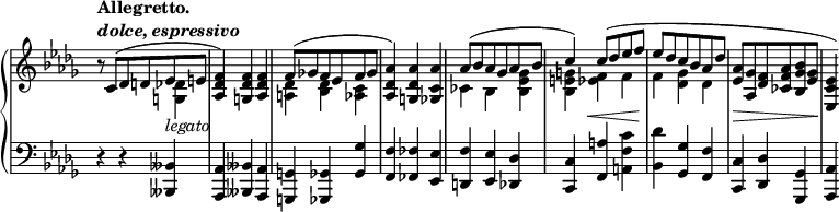 
\relative c'' {
 \new PianoStaff <<
  \new Staff  \with { \remove "Time_signature_engraver" } { \key des \major \time 3/4 \set Score.tempoHideNote = ##t
    \tempo \markup {
     \column {
      \line { Allegretto. }
      \line { \italic { dolce, espressivo } } 
     }
    } 4=85
    <<
     \override Score.NonMusicalPaperColumn #'line-break-permission = ##f
     {
      b8\rest c,( des d es e <f des aes>4) <f des g,> <f des aes>
      f8( ges! f es f ges <aes des, aes>4) <aes des, g,> <aes c, ges>
      aes8( bes aes ges aes bes c4) c8( des es f es des c bes aes des
      <aes es> <ges aes,> <f des> <aes f ces> <bes ges bes,> <ges es> <es c es,>4)
     }
    \\
     { 
      s2 <des g,>4 s2. <des a>4 <des bes> <c aes!> s2.
      ces4 bes <ges' es bes> <g e bes> <f es> f f <ges des> des s2. s4
     }
    >>
   }
   \new Dynamics {
    s2 s4-\markup \italic legato s2. s s s s4 s\< s s\! s2 s4\> s s8 s\! 
   }
   \new Staff  \with { \remove "Time_signature_engraver" } { \key des \major \time 3/4 \clef bass
    r4 r <beses, beses,> <aes aes,> <beses beses,> <aes aes,> <g g,> <ges ges,> <ges' ges,>
    <f f,> <fes fes,> <es es,> <f d,> <es es,> <des des,>
    <c c,> <a' f,> <c f, a,> <des bes,> <ges, ges,> <f f,>
    <c c,> <des des,> <ges, ges,> <aes aes,>
   }
  >>
 }
