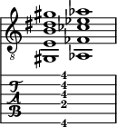  
<<
  %\override Score.BarLine.break-visibility = ##(#f #t #t)
  \time 2/1
    \new Staff  {
    \clef "treble_8"
        \once \override Staff.TimeSignature #'stencil = ##f
        <gis,  e b dis' gis'>1 | <aes,  fes ces' ees' aes'>1 |
    }

     \new TabStaff {
       \override Stem #'transparent = ##t
       \override Beam #'transparent = ##t 
      s2 <gis,\6  e\4 b\3 dis'\2 gis'\1>1 s2
  }
>>
