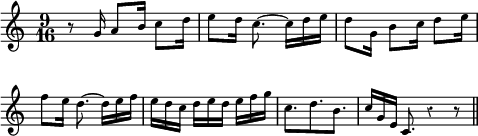 
\score {
\relative c''
    {
    \time 9/16
    \clef G
    \key c \major
    \override Rest #'style = #'classical
r8 g16 a8[ b16] c8 d16 e8 d16 c8.~ c16 d e d8 g,16 b8 c16 d8 e16 | \break
f8 e16 d8.~ d16 e f e d c d e d e f g c,8.[ d b] c16 g e c8. \cadenzaOn r4 r8 \bar"||"
    }
\layout{
  indent = 0\cm
  line-width = #120
  \set fontSize = #-2
  \override Score.BarNumber #'break-visibility = #'#(#f #f #f)
} %layout
\midi { }
} %score
\header { tagline = ##f}
