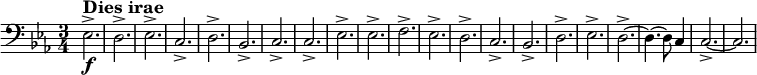  \relatif c { \mengatur Skor.tempoHideNote = ##t \tempo 2 = 86 \mengatur Staf.midiInstrument = #"tuba" \mengatur Skor.currentBarNumber = #127 \kunci c \minor \waktu 3/4 \clef bass es2.->\f^\markup { \large \bold "Dies irae" } d-> es-> c-> d-> bes-> c-> c-> es-> es-> f-> es-> d-> c-> bes-> d-> es-> d~-> d4.~ d8 c4 c2.~-> c2. } 