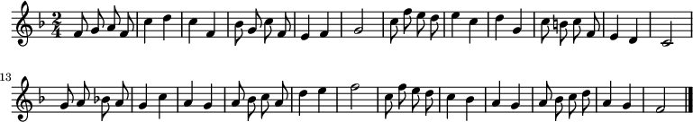 
\relative c' {
  \key f \major
  \time 2/4
  \autoBeamOff
  f8 g a f
  c'4 d
  c f,
  bes8 g c f,
  e4 f
  g2
  c8 f e d
  e4 c
  d g,

  c8 b c f,
  e4 d
  c2
  g'8 a bes! a
  g4 c
  a g
  a8 bes c a
  d4 e
  f2

  c8 f e d
  c4 bes
  a g
  a8 bes c d
  a4 g
  f2
  \bar "|."
}
