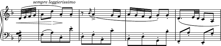 
\relative c' {
 \new PianoStaff <<
  \new Staff \with { \remove "Time_signature_engraver" } { \key d \minor \time 2/4 \set Score.tempoHideNote = ##t
   \tempo "" 4=160 \partial 8
   d32( e f g^\markup { \italic { sempre leggierissimo } }
   a8 d a-.) a-. r \acciaccatura bes a4->( g16 f
   a g f e g8-.) g-. \shape #'((0 . 0) (-1.5 . -1) (0 . -0.5) (3.5 . -1)) Slur d8.( e32 d c8 a)
  }
  \new Dynamics {
   s8\< s s\> s\!
  }
  \new Staff \with { \remove "Time_signature_engraver" } { \key d \minor \time 2/4 \clef bass
   <a g e>8-. f[ ( a) c,-. e'-.] d,-.[ f-. a,-. c'-.]
   bes,-.[ d-. g,-. bes'-.] f,-. a'-. e,-. g'-.
  }
 >>
}
