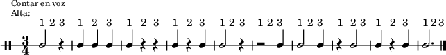 \new DrumStaff {
  \override TextScript #'staff-padding = #4
  \override Staff.StaffSymbol #'line-count = #1
  \once \override Score.RehearsalMark #'extra-offset = #'(0 . 2)
  \mark \markup \tiny { \right-align
                        \column {
                          \line {"Contar en voz"}
                          \line {"Alta:"}
                        }
  }
  \time 3/4
  \override Score.MetronomeMark #'stencil = ##f
  \tempo 4 = 60
  <<
    \repeat unfold 10 {s4^"1" s^"2" s^"3"}
    \new DrumVoice {
      \stemUp
      \drummode {ssh2 r4 | ssh ssh ssh | ssh r r | ssh4 r ssh | ssh2 r4 | r2 ssh4 | ssh2 ssh4 | r4 ssh2 | ssh4 r ssh4 | ssh2. }
      \bar "|."
    }
  >>
}