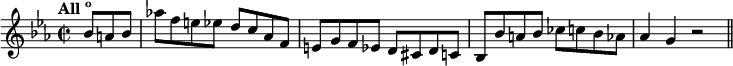 
\relative c'' {
  \tempo \markup{All\super o}
  \key es \major
  \time 2/2
  \partial 4.
  bes8 a bes
  as'! f e es d c as f
  e g f es d cis d c
  bes bes' a bes ces c bes as
  as4 g r2
  \bar "||"
}
