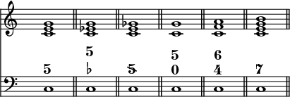 
\language "italiano"
upper = \relative do'' {
  \override Staff.TimeSignature.color = #white
  \override Staff.TimeSignature.layer = #-1
  <sol mi do>1 \bar "||" <sol mib do>1 \bar "||" <solb mi do>1 \bar "||" 
  <sol do,>1 \bar "||" <la fa do>1 \bar "||" <si sol mi do>1 \bar "||"  \break
}
lower = \relative do {
  \clef "bass"
  \override Staff.TimeSignature.color = #white
  \override Staff.TimeSignature.layer = #-1
  do1^\markup \musicglyph "five" \bar "||" do1^\markup \center-column { " " \musicglyph "five" \line { \musicglyph #"accidentals.flat" }}  \bar "||" 
  do1^\markup { \backslashed-digit #5 } \bar "||" do1^\markup \center-column { \musicglyph "five" \line { \musicglyph #"zero" }} \bar "||" 
  do1^\markup \center-column { \musicglyph "six" \line { \musicglyph #"four" }} \bar "||" do1^\markup \musicglyph "seven" \bar "||"  \break
}
\score {
   <<
    \new Staff = "mel" <<
      \new Voice = "mel"  { \upper }
    >>
    \new Staff <<
      \new Voice = "acc" { \lower }
    >>
  >>
  \layout {
    \context { \Staff \RemoveEmptyStaves }
    indent = 0\cm
    \override Score.BarNumber #'stencil = ##f
    line-width = #120
  }
  \midi { }
}
\header { tagline = ##f}
