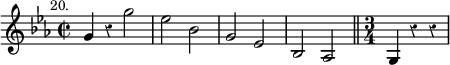 { \override Staff.Rest #'style = #'classical \time 2/2 \key ees \major \relative g' { \mark \markup \small "20." g4 r g'2 | ees bes | g ees | bes aes \bar "||" \time 3/4 g4 r r | } }