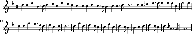 
\relative c'' {
  \key g \minor
  \override Staff.TimeSignature #'style = #'single-digit
  \time 3/4
  d4 d f
  bes,4. c8 d4
  es c f
  es d c
  c c d
  c4. bes8 bes4
  c c4. d8
  d2.
  d4 d e
  f4. f8 f4
  f4 f c
  f2 f4

  % tourne

  d d g
  f4. es8 d4
  es c4. d8
  d2.
  d4 g d
  es4. d8 c4
  c f c
  d4. c8 bes4
  bes c d
  es4. d8 c4
  d \grace bes8 a4. g8
  g2.
  \bar "|."
}
