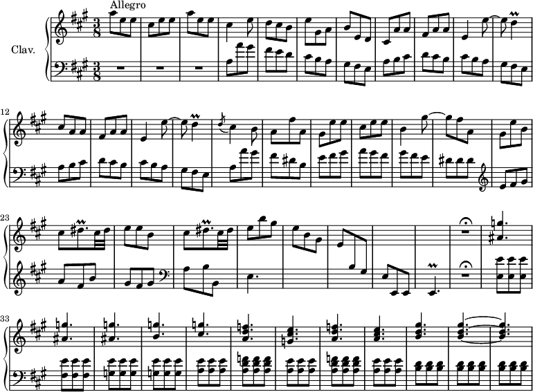 
\version "2.18.2"
\header {
  tagline = ##f
  % composer = "Domenico Scarlatti"
  % opus = "K. 280"
  % meter = "Allegro"
}

%% les petites notes
trillD         = { \tag #'print { d4\prall } \tag #'midi { e32 d e d~ d8 } }
trillDisqp     = { \tag #'print { dis8.\prall } \tag #'midi { e32 dis e dis~ dis16 } }
trillEp        = { \tag #'print { e4.\prall } \tag #'midi { fis32 e fis e~ e4 } }


upper = \relative c'' {
  \clef treble 
  \key a \major
  \time 3/8
  \tempo 4. = 88
  \set Staff.midiInstrument = #"harpsichord"
  \override TupletBracket.bracket-visibility = ##f

      s8*0^\markup{Allegro}
      a'8 e e  | cis e e | a e e | cis4 e8 | d cis b | e gis, a | b e, d |
      % ms. 8
      cis8 a' a | fis a a | e4 e'8~ | e \trillD  | cis8 a a | fis a a | e4 e'8~ |
      % ms. 15
      e8 \trillD | \acciaccatura d8 cis4 b8 | a fis' a, | gis e' e | cis e e | b4 gis'8~ | gis fis a, |
      % ms. 22
      gis8 e' b | cis \trillDisqp cis32 dis | e8 e b | cis \trillDisqp cis32 dis | e8 b' gis | e b gis | e \stemUp \change Staff = "lower"  b gis |
      % ms. 29
       s4. | s4. \change Staff = "upper" | R4.\fermata | < ais' g' >4. q q < b g' >4. < cis g' >
      % ms. 37
      < a d f >4. < g cis e > < a d f > < a cis e > < b d gis > < b d gis >4.~ q

}

lower = \relative c' {
  \clef bass
  \key a \major
  \time 3/8
  \set Staff.midiInstrument = #"harpsichord"
  \override TupletBracket.bracket-visibility = ##f

    % ************************************** \appoggiatura a16  \repeat unfold 2 {  } \times 2/3 { }   \omit TupletNumber 
      R4.*3 | a8 a' gis fis e d | cis b a | gis fis e | 
      % ms. 8
      \repeat unfold 2 { a8 b cis | d cis b | cis b a | gis fis e } | 
      % ms. 16
      a a' gis | fis dis b | e fis gis | a gis fis | gis fis e | dis dis dis |
      % ms. 22
        \clef treble  e8 fis gis | a fis b | gis fis gis |   \clef bass a,8  b b, | e4. s4. s4. |
      % ms. 29
      e8 e, e | \trillEp | R4.\fermata | < e' e' >8 q q | < fis e' > q q | < g e' > q q | q q q | < a e' > q q |
      % ms. 37
      \repeat unfold 2 { < a d f >8 q q | < a e' > q q } | < b d > q q | q q q | q q q |

}

thePianoStaff = \new PianoStaff <<
    \set PianoStaff.instrumentName = #"Clav."
    \new Staff = "upper" \upper
    \new Staff = "lower" \lower
  >>

\score {
  \keepWithTag #'print \thePianoStaff
  \layout {
      #(layout-set-staff-size 17)
    \context {
      \Score
     \override SpacingSpanner.common-shortest-duration = #(ly:make-moment 1/2)
      \remove "Metronome_mark_engraver"
    }
  }
}

\score {
  \keepWithTag #'midi \thePianoStaff
  \midi { }
}
