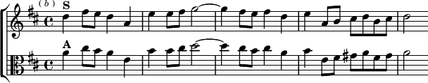  \new ChoirStaff <<
  \new Staff \relative d'' { \key d \major \time 4/4 \mark \markup \tiny { ( \italic b ) }
    d4^\markup \bold "S" fis8 e d4 a | e' e8 fis g2 ~ |
    g4 fis8 e fis4 d | e a,8 b cis d b cis | d2 }
  \new Staff \relative a' { \clef alto \key d \major
    a4^\markup \bold "A" cis8 b a4 e | b' b8 cis d2 ~ |
    d4 cis8 b cis4 a | b e,8 fis gis a fis gis | a2 } >>