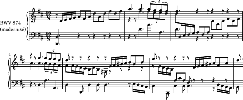 
\version "2.18.2"
\header {
  tagline = ##f
}

%% PRÉLUDE CBT II-5, BWV 874, ré majeur

upper = \relative c' {
  \clef treble 
  \key d \major
  \tempo 4. = 84
  \set Staff.midiInstrument = #"harpsichord" 

  \time 12/8

  r8 d16 e fis g a8 fis a d a d fis d fis |
  << {
    a4. a \tuplet 4/6 { a8[( g) g( fis)] } | fis4. r4 r8 r4 r8 r4 r8 |
    r4 r8 fis4. \tuplet 4/6 { fis8[ e e d] } | d8 r r r4 r8 r8 e,16[ fis gis a] b8 gis b |
    e8 r r r4 r8 r8 d,16 e fis gis a8 fis a | d8.
  } \\ {
    r4 r8 fis4. \tuplet 4/6 { fis8[ e e d] } |
    d \stemUp \change Staff = "lower" d,,16 e fis g a8 fis a \stemDown \change Staff = "upper" d a d fis d fis |
    a4. a \tuplet 4/6 { a8[( g) g( fis)] } | fis fis16 e d cis b8 d b gis8 r8 r8 r4 r8 |
    r8 e'16 d cis b \stemUp \change Staff = "lower" \voiceOne a8 cis a fis8 r8 r8 r4 r8 |
  } >>
}

lower = \relative c {
  \clef bass 
  \key d \major
  \time 12/8
  
  \set Staff.midiInstrument = #"harpsichord" 
  
  <d d,>4. r4 r8 r4 r8 r4 r8 | r4 r8 d'4. a' a, | d r4 r8 r4 r8 r4 r8 | \break
  r4 r8 d,4. a' a, | d4 d,8 d'4 d8 d4. r8 \stemDown e16 d cis b |
  \voiceTwo cis4 cis,8 cis'4 cis8 cis4. r8 d16 cis b a |
  b8
} 

\score {
  \new PianoStaff <<
    \set PianoStaff.instrumentName = \markup { \column { "BWV 874" "(modernisé)" } }
    \new Staff = "upper" \upper
    \new Staff = "lower" \lower
  >>
  \layout {
    \context {
      \Score
      \remove "Metronome_mark_engraver"
      \override SpacingSpanner.common-shortest-duration = #(ly:make-moment 1/2)
    }
  }
  \midi { }
}
