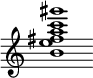 {
  % Rivin lopun pystyviiva ja tahtiosoitus piiloon.
  \override Score.BarLine.break-visibility = ##(#f #t #t)
  \override Staff.TimeSignature #'stencil = ##f
  
  <b' e'' fis'' a'' c''' gis'''>1
}
