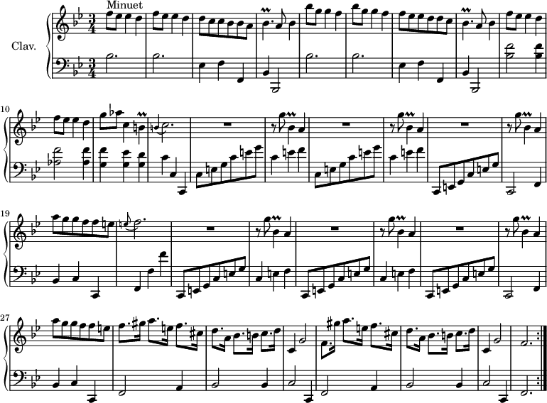 
\version "2.18.2"
\header {
  tagline = ##f
  % composer = "Domenico Scarlatti"
  % opus = "K. 393"
  % meter = "Allegro"
}

%% les petites notes
trillBesp       = { \tag #'print { bes4.\prall } \tag #'midi { c32 bes c bes~ bes4 } }
trillBp         = { \tag #'print { b4\prall } \tag #'midi { c32 b c b~ b8 } }
trillBesDown    = { \tag #'print { bes,4\prall } \tag #'midi { c32 bes c bes~ bes8 } }
appoBCb         = { \tag #'print { \appoggiatura b4 c2. } \tag #'midi { b2 c4 } }
appoEFb         = { \tag #'print { \appoggiatura e8 f2. } \tag #'midi { e2 f4 } }

upper = \relative c'' {
  \clef treble 
  \key bes \major
  \time 3/4
  \tempo 4 = 120
  \set Staff.midiInstrument = #"harpsichord"
  \override TupletBracket.bracket-visibility = ##f

  \repeat volta 2 {
      s8*0^\markup{Minuet}
      \repeat unfold 2 { f8 ees ees4 d } | d8 c c bes bes a | \trillBesp a8 bes4 | \repeat unfold 2 { bes'8 g g4 f } |
      % ms. 7
      f8 ees ees d d c | \trillBesp a8 bes4 | \repeat unfold 2 { f'8 ees ees4 d } | g8 aes c,4 \trillBp |
      % ms. 12
      \appoBCb | \repeat unfold 3 { R2. | r8 g'8 \trillBesDown a4 } |
      % ms. 19
      a'8 g g f f e | \appoEFb | \repeat unfold 3 { R2. | r8 g8 \trillBesDown a4 } |
      % ms. 27
      a'8 g g f f e | f8. gis16 a8. e16 f8. cis16 |
      % ms. 29
      d8. a16 bes8. b16 c8. d16 | c,4 g'2  | f8. gis'16 a8. e16 f8. cis16 | d8. a16 bes8. b16 c8. d16 | c,4 g'2 | f2. }%repet
      % ms. 35
      

}

lower = \relative c' {
  \clef bass
  \key bes \major
  \time 3/4
  \set Staff.midiInstrument = #"harpsichord"
  \override TupletBracket.bracket-visibility = ##f

  \repeat volta 2 {
    % ************************************** \appoggiatura a16  \repeat unfold 2 {  } \times 2/3 { }   \omit TupletNumber 
      \repeat unfold 2 { bes2. | bes | ees,4 f f, | bes bes,2 } | 
      % ms. 9
      < bes'' f' >2 q4 | < aes f' >2 q4 | < g f' > < g ees' > < g d' > |
      % ms. 12
      c4 c, c, | \repeat unfold 2 { c'8 e g c e g | c,4 e f } | c,,8 e g c e g |
      % ms. 18
      c,,2 f4 | bes c c, | f f' f' | \repeat unfold 2 { c,,8 e g c e g | c,4 e f } |
      % ms. 25
      c,8 e g c e g | c,,2 f4 | bes c c, | f2 a4 |
      % ms. 29
      bes2 bes4 | c2 c,4 | f2 a4 | bes2 bes4 | c2 c,4 | f2. }%répet
      % ms. 35
      

}

thePianoStaff = \new PianoStaff <<
    \set PianoStaff.instrumentName = #"Clav."
    \new Staff = "upper" \upper
    \new Staff = "lower" \lower
  >>

\score {
  \keepWithTag #'print \thePianoStaff
  \layout {
      #(layout-set-staff-size 17)
    \context {
      \Score
     \override SpacingSpanner.common-shortest-duration = #(ly:make-moment 1/2)
      \remove "Metronome_mark_engraver"
    }
  }
}

\score {
  \keepWithTag #'midi \thePianoStaff
  \midi { }
}
