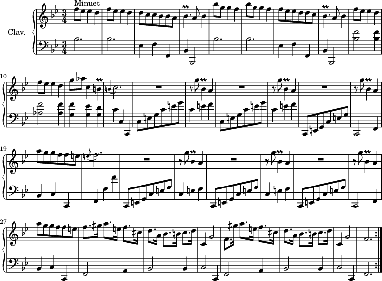 
\version "2.18.2"
\header {
 tagline = ##f
 % composer = "Domenico Scarlatti"
 % opus = "K. 393"
 % meter = "Allegro"
}

%% les petites notes
trillBesp = { \tag #'print { bes4.\prall } \tag #'midi { c32 bes c bes~ bes4 } }
trillBp = { \tag #'print { b4\prall } \tag #'midi { c32 b c b~ b8 } }
trillBesDown = { \tag #'print { bes,4\prall } \tag #'midi { c32 bes c bes~ bes8 } }
appoBCb = { \tag #'print { \appoggiatura b4 c2. } \tag #'midi { b2 c4 } }
appoEFb = { \tag #'print { \appoggiatura e8 f2. } \tag #'midi { e2 f4 } }

upper = \relative c'' {
 \clef treble 
 \key bes \major
 \time 3/4
 \tempo 4 = 120
 \set Staff.midiInstrument = #"harpsichord"
 \override TupletBracket.bracket-visibility = ##f

 \repeat volta 2 {
 s8*0^\markup{Minuet}
 \repeat unfold 2 { f8 ees ees4 d } | d8 c c bes bes a | \trillBesp a8 bes4 | \repeat unfold 2 { bes'8 g g4 f } |
 % ms. 7
 f8 ees ees d d c | \trillBesp a8 bes4 | \repeat unfold 2 { f'8 ees ees4 d } | g8 aes c,4 \trillBp |
 % ms. 12
 \appoBCb | \repeat unfold 3 { R2. | r8 g'8 \trillBesDown a4 } |
 % ms. 19
 a'8 g g f f e | \appoEFb | \repeat unfold 3 { R2. | r8 g8 \trillBesDown a4 } |
 % ms. 27
 a'8 g g f f e | f8. gis16 a8. e16 f8. cis16 |
 % ms. 29
 d8. a16 bes8. b16 c8. d16 | c,4 g'2 | f8. gis'16 a8. e16 f8. cis16 | d8. a16 bes8. b16 c8. d16 | c,4 g'2 | f2. }%repet
 % ms. 35
 

}

lower = \relative c' {
 \clef bass
 \key bes \major
 \time 3/4
 \set Staff.midiInstrument = #"harpsichord"
 \override TupletBracket.bracket-visibility = ##f

 \repeat volta 2 {
 % ************************************** \appoggiatura a16 \repeat unfold 2 { } \times 2/3 { } \omit TupletNumber 
 \repeat unfold 2 { bes2. | bes | ees,4 f f, | bes bes,2 } | 
 % ms. 9
 < bes'' f' >2 q4 | < aes f' >2 q4 | < g f' > < g ees' > < g d' > |
 % ms. 12
 c4 c, c, | \repeat unfold 2 { c'8 e g c e g | c,4 e f } | c,,8 e g c e g |
 % ms. 18
 c,,2 f4 | bes c c, | f f' f' | \repeat unfold 2 { c,,8 e g c e g | c,4 e f } |
 % ms. 25
 c,8 e g c e g | c,,2 f4 | bes c c, | f2 a4 |
 % ms. 29
 bes2 bes4 | c2 c,4 | f2 a4 | bes2 bes4 | c2 c,4 | f2. }%répet
 % ms. 35
 

}

thePianoStaff = \new PianoStaff <<
 \set PianoStaff.instrumentName = #"Clav."
 \new Staff = "upper" \upper
 \new Staff = "lower" \lower
 >>

\score {
 \keepWithTag #'print \thePianoStaff
 \layout {
 #(layout-set-staff-size 17)
 \context {
 \Score
 \override SpacingSpanner.common-shortest-duration = #(ly:make-moment 1/2)
 \remove "Metronome_mark_engraver"
 }
 }
}

\score {
 \keepWithTag #'midi \thePianoStaff
 \midi { }
}
