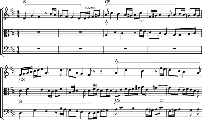 \new ChoirStaff << \override Score.Rest #'style = #'classical \override Score.BarNumber #'break-visibility = #'#(#f #f #f)
  \new Staff \relative d' { \key d \major \time 4/4 \numericTimeSignature
    \[ d4^"S" g fis r8 b16 a |
    g8 fis e4 d8[ \] d16^\markup \tiny \italic "Codetta." e] fis8 gis
    \[ a8^"CS" cis4 b a16 gis a8 cis_\markup \tiny "(a)" |
    fis,16 gis a4 gis8 a[ \] b16 a] g8 a16 g |
    fis g a b cis d e8 a,4. d8 ~ | d a g4 fis8 r r4 |
    \[ a^"A" d cis r8 fis16 e | d8 cis b4 a8 \] }
  \new Staff \relative a { \clef alto \key d \major \numericTimeSignature
    R1 R1 \[ a4^"A" d cis r8 fis16 e |
    d8 cis b4 a8[ \] a b cis] |
    \[ d8^"CS" fis4 e d16 cis d8 fis |
    b,16 cis d4 cis8 d[ \] fis16^\markup \tiny "(b)" e] d8 e16 d |
    cis8 e fis16 e fis gis a8 e g4 ~ |
    g8 e ~ e16 fis e d cis8 }
  \new Staff \relative d { \clef bass \key d \major \numericTimeSignature
    R1*4 \[ d4^"S" g fis r8 b16 a |
    g8 fis e4 d8[ \] d16 e] fis8 gis |
    \[ a8^"CS" cis4 b a16 gis a8 cis^\markup \tiny "(c)" |
    fis,16 gis a4 gis8 a \] } >>