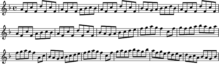 { \override Score.BarNumber #'break-visibility = #'#(#f #f #f) \key f \major \time 4/4 \relative a' {
  a8 f c' f, d' f, c' f, | a f c' f, a bes c bes | %end line 1
  a f c' f, d' f, c' f, | bes a g a bes c d bes | %end line 2
  a f c' f, d' f, c' f, | a f c' f, a bes c bes | %end line 3
  a f c' f, d' f, c' f, | bes a g a bes c d e | %end line 4
  f g a g f4 c8 f | g f g a bes a g a | %end line 5
  f g a g f4 a,8 c | bes a g a bes c d e | %end line 6
  f g a g f4 c8 f | g a g a bes a g bes | %end line 7
  a f g e f d e c | d bes c a bes a g bes } }