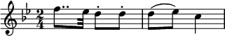 { \relative c'' { \set Staff.midiInstrument = #"violin" \key bes \major \time 2/4 \clef treble f8.. es32 d8-.  ré-.  d( es) c4 } }
