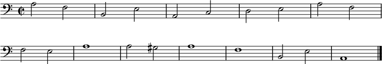 
\relative c' {
  \clef bass
  \time 2/2
  \override Score.BarNumber #'stencil = ##f
  a2 f b, e a, c d e a f \break
  f e a1 a2 gis a1 f b,2 e a,1
  \bar "|."
}
