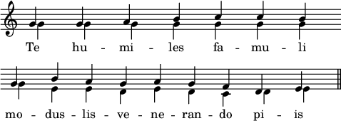 
\language "italiano"
porteeA = \relative do'' {
  \time 20/4 
   << { \voiceOne
        \stemUp
         \partial 64*113 sol4 sol la s64 si4 do do si \bar "," \break
         \override Score.Clef.break-visibility = ##(#f #f #f)
         \partial 64*146 sol4 s64 si4 la sol la sol fa re mi s64 \bar "||"
      } 
     \new Voice { \voiceTwo 
         \partial 64*113 s64 sol4 sol sol sol sol sol sol
         \partial 64*146 s64 sol4 mi mi re mi re do s64 re4 mi 
     } 
   >> 
}
text = \lyricmode {
  Te hu -- mi -- les fa -- mu -- li
  mo -- dus -- lis -- ve -- ne -- ran -- do pi -- is
}
\score {
    \new Staff = "mel" <<
      \clef "treble" 
      \new Voice = "mel"  { \porteeA }
      \new Lyrics { \lyricsto "mel" \text }
    >>
  \layout {
    \context { \Staff \RemoveEmptyStaves 
                      \remove Key_engraver
                      \remove Time_signature_engraver
    }
    indent = 0\cm
    \override Score.BarNumber #'stencil = ##f
    line-width = #120
  }
  \midi { }
 }
\header { tagline = ##f}
