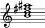 {
  % Rivin lopun pystyviiva ja tahtiosoitus piiloon.
  \override Score.BarLine.break-visibility = ##(#f #t #t)
  \override Staff.TimeSignature #'stencil = ##f
  
  <b' d'' fis'' ais''>1
}
