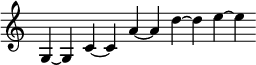 { \override Score.TimeSignature #'stencil = ##f \relative g { \cadenzaOn g4 ~ g c ~ c a' ~ a d ~ d e ~ e } }