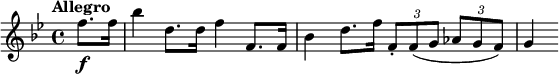 
\relative c'' {
 \key bes \major
 \tempo "Allegro"
 \partial 4 f8.\f f16 bes4 d,8. d16 f4 f,8. f16 bes4 d8. f16 \times 2/3 {f,8-. f (g} \times 2/3 {as g f)} g4
}
