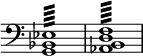 { \override Score.TimeSignature #'stencil = ##f \clef bass <ees bes, g,>1:64 <f d b, aes,>: }