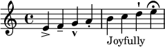 
 \relative c' {
 e-> f-- g-^ a-.
 b_"Joyfully" c^"漸強" d-! e\fermata
 }
