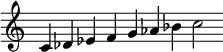 
{
\override Score.TimeSignature #'stencil = ##f
\relative c' { 
  \clef treble
  \cadenzaOn
  c4 des es f g aes bes c2

} }
