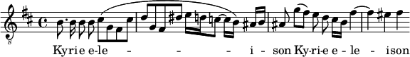 
<<
\new Staff \with {
    \remove "Slur_engraver"
    \remove "Phrasing_slur_engraver"
} \relative b {
\override Score.SpacingSpanner.common-shortest-duration = #(ly:make-moment 1/4)
    \clef "treble_8"
    \key b \minor
    \autoBeamOff
    b8. b16 b8 b cis_[( g fis cis'] |
    d8[ g, fis dis'] e16[ d c8~] c16[ b]) ais[ b] |
    ais8 g'[( fis]) e d cis16[ b] fis'4~ |
    fis4 eis fis
} \addlyrics {
    Ky -- ri -- e e -- le -- i -- son
    Ky -- ri -- e e -- le -- i -- son
}
>>
