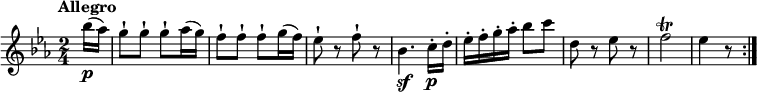 
\relative c'' {
    \version "2.18.2"
    \key ees \major 
    \tempo "Allegro"
    \tempo 4 = 160
    \time 2/4
    \partial 8 bes'16 \p (aes)
    g8-! g-! g-! aes16 (g)
    f8-! f-! f-! g16 (f)
    ees8-! r f-! r
    bes,4.\sf c16-. \p d-. 
    ees-. f-. g-. aes-. bes8 c
    d, r ees r
    f2 \trill
    ees4 r8 \bar  ":|."
}
