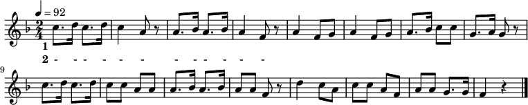 {
\key f \major \time 2/4 \tempo 4=92 \relative c'' {
 c8. d16 c8. d16 | c4 a8 r | a8. bes16 a8. bes16 | a4 f8 r
 a4 f8 g | a4 f8 g | a8. bes16 c8 c | g8. a16 g8 r \break
 c8. d16 c8. d16 | c8 c a a | a8. bes16 a8. bes16 | a8 a f r
 d'4 c8 a | c c a f | a a g8. g16 | f4 r \bar "|."
 }
\addlyrics {
\set stanza = "1"
 ゆ ー き や こん こ あ ら れ や こん こ
 ふっ て は ふっ て は ず ん ず ん つ も る
 や ー ま も の は ら も わ た ぼう し か ぶ り
 か れ き の こ ら ず は な が さ く
 }
\addlyrics {
\set stanza = "2"
 - - - - - - - - - - - -
 ふっ て も ふっ て も ま だ ふ り や ま ぬ
 い ー ぬ は よ ろ こ び に わ か け ま わ り
 ね こ は こ た つ で ま る く な る
 }
}