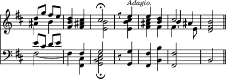 { \override Score.TimeSignature #'stencil = ##f << \new Staff \with {midiInstrument = #"drawbar organ"} \key b \minor \time 2/4 \override Score.Rest #'style = #'classical \relative e'' << { d8 g fis e <d b fis>4 <cis ais fis> cis2\fermata | r4 e^\markup { \smaller \italic Adagio. } e <d b> cis2 <b fis d> \bar "||" } \\ { ais4 b s2 <b e,> | s4 <cis b e,> <cis ais fis> fis, fis4. e8 } \\ { s2*5 b'4 ais } >>
\new Staff \with {midiInstrument = #"drawbar organ"} { \clef bass \key b \minor \relative e' { << { e8 cis d e s4 fis, g2 } \\ { fis2 ~ fis4 <cis fis,> <e cis b g>2\fermata } >> r4 <g g,> <fis fis,> <b b,> <fis fis,>2 b, } } >> }