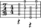 
\new TabStaff {
  \set Staff.midiInstrument = "acoustic guitar (steel)"
  \tabFullNotation
  \stemUp
  \numericTimeSignature
  \time 4/4
  \tempo 4 = 140
    \set Score.tempoHideNote = ##t
  << { a,2\5 e,2\6 } \\ { r4 <a\3 c'\2 e'\1> r <a\3 c'\2 e'\1> } >>
}
