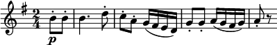 \relative b' { \key g \major \time 2/4 \partial 4 b8-.  \p b-.  |  b4.  d8-.  |  c8-.  un-.  g16( secondo ed.) g8-.  G-.  a16( g fis g) |  a8-.  R }