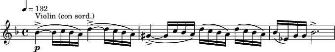 
  \ relative c '' {\ clef treble \ time 4/4 \ key d \ minor \ tempo 4 = 132 bes \ p-> ~ (^ "Vioara (con sord.)" bes16 c bes a) d4-> ~ ( d16 c bes a) |  gis4-> ~ (gis16 c bes a) d (c bes a) d (c bes a) |  bes (ees,) gg bes2 .->}
