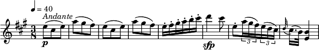 
\relative c'' {
    \version "2.18.2"
    \key a \major
    \tempo 4 = 40
    \time 3/8
    e8\p^ \markup { \italic  Andante }  (cis e)  a (gis fis) e   (cis e)  a (gis fis)
    e16-. fis-. gis-. a-. b-. cis-.
    d4\sfp cis8
    e,-. \tuplet 3/2 {a16 (gis fis) } \tuplet 3/2 { e (d cis) }
   \appoggiatura d32 cis16. (b32) < e, b'>4
  }
