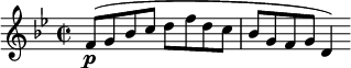  \ relative c '{\ clef treble \ key bes \ major \ time 2/2 \ set Staff.midiInstrument = # "flute" f8 (\ pg bes cdfdc | bes gfg d4)} \ midi {\ tempo 4 = 190}