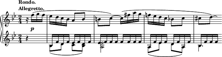 
 \relative c' {
  \new PianoStaff <<
   \new Staff { \key bes \major \time 2/4 \partial 4
    \tempo \markup {
     \column {
      \line { Rondo. }
      \line { Allegretto. }
     }
    }
    r16 f'( g f es d c bes a8 bes b c)~ c16( fis a g f! es d c bes!8 c cis[ d8*3/4])~ \hideNotes d32
   }
   \new Dynamics {
    s16 s4\p
   }
   \new Staff { \key bes \major \time 2/4 \partial 4
    \mergeDifferentlyDottedOn
    <<
     { b4\rest bes,16 f' d f es f d f es f f f f f f f a, f' es f d f a, f' bes, f' f f }
    \\
     { s4 bes,8( d c bes) <es a,>2 a,8( es' d a) bes4.*2/3 }
    >>
   }
  >>
 }
