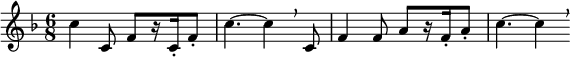  \relative c'' { \clef treble \key f \major \time 6/8 c4 c,8 f[ r16 c-. f8-.] | c'4.~ c4 \breathe c,8 | f4 f8 a[ r16 f-. a8-.] | c4.~c4 \breathe } 