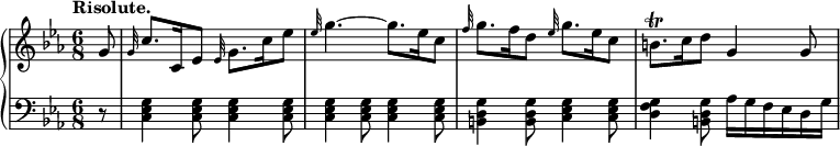 
\relative c'' {
 \new PianoStaff <<
 \new Staff {
 \key c \minor \time 6/8 \set Score.tempoHideNote = ##t \tempo "Risolute." 4=84 \partial 8
 g8 \grace g32 c8. c,16 es8 \grace es32 g8. c16 es8
 \grace es32 g4.~ g8. es16 c8 \grace f32 g8. f16 d8 \grace es32 g8. es16 c8
 b8.\trill c16 d8 g,4 g8
 }
 \new Staff { \key c \minor \time 6/8 \clef bass
 r8 <g, es c>4 q8 q4 q8 q4 q8 q4 q8 <g d b>4 q8 <g es c>4 q8
 <g f d>4 <g d b>8 aes16 g f es d g
 }
 >>
 }
