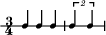 \header {
  tagline = ##f
}


\score {
  \new RhythmicStaff {
    \time 3/4
    \numericTimeSignature
    \new Voice { \voiceOne \magnifyStaff #2/3 es''4 es'' es'' | \tuplet 2/3 { es''4 es'' } }
  }
  \layout { }
}

\score {
  \new Staff {
    \time 3/4
    \set Staff.midiInstrument = "drums"
    \repeat unfold 4 {
      <<
        \new Voice { \voiceOne \magnifyStaff #2/3 es''4 es'' es'' | \tuplet 2/3 { es''4 es'' } }
        \new Voice { \voiceTwo c'2. | c'2. }
      >>
    }
  }
  \midi {
    \context {
      \Score tempoWholesPerMinute = #(ly:make-moment 100 4)
    }
  }
}
