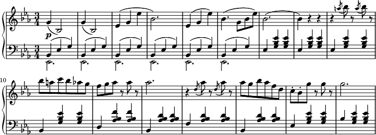 
 \relative c' {
 \new PianoStaff <<
 \new Staff { \key c \minor \time 3/4
 g'( bes,2) | g'4( bes,2) | ees4( g ees' | bes2.) | ees,4( g ees') | bes4.( g8 bes ees) | bes2.( | bes4) r r r \slashedGrace a'8( bes) r \slashedGrace a( bes) r bes8 a c bes aes g f g aes r aes r aes2. r4 \slashedGrace d,8( aes') r \slashedGrace d,( aes') r aes8 g bes aes f d c-. bes-. g' r g r g2.
 }
 \new Dynamics {
 s\p
 }
 \new Staff { \key c \minor \time 3/4 \clef bass
 <<
 { bes,,,4( ees g) bes,( ees g) bes,( ees g) bes,( ees g) bes,( ees g) bes,( ees g) ees <g bes ees> <g bes ees> ees <g bes ees> <g bes ees> ees <g bes ees> <g bes ees> bes, <g' bes ees> <g bes ees> d <aes' bes f'> <aes bes f'> bes, <aes' bes d> <aes bes d> f <aes bes d> <aes bes d> bes, <aes' bes d> <aes bes d> ees <g bes ees> <g bes ees> bes <g bes ees> <g bes ees> }
 \\
 { ees,2. ees ees ees ees ees }
 >>
 }
 >>
 }
