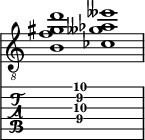  
<<
  %\override Score.BarLine.break-visibility = ##(#f #t #t)
  \time 2/1
    \new Staff  {
    \clef "treble_8"
        \once \override Staff.TimeSignature #'stencil = ##f
        <  b f' gis' d''>1 | <  ces' geses' aes' eeses''>1 |
    }

     \new TabStaff {
       \override Stem #'transparent = ##t
       \override Beam #'transparent = ##t 
      s2 <  b\4 f'\3 gis'\2 d''\1>1 s2
  }
>>
